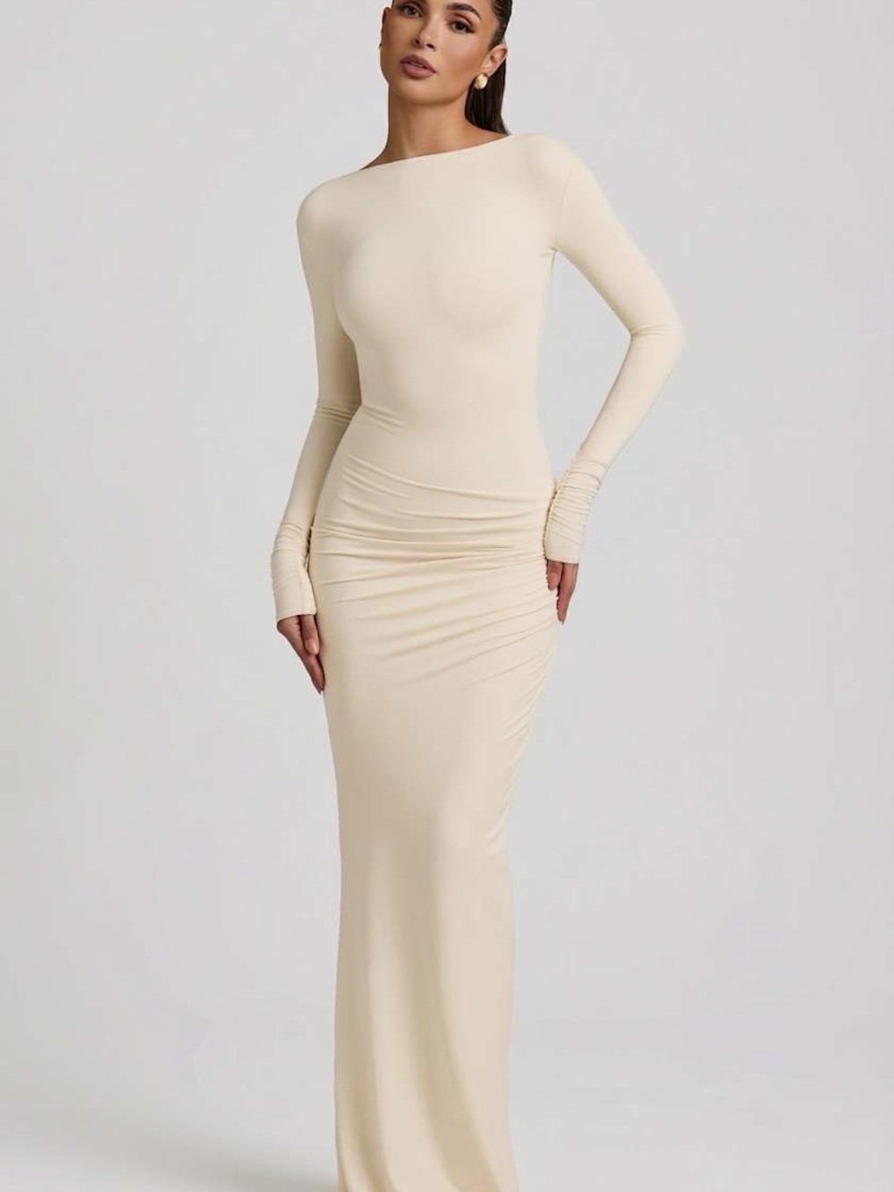 Oh Polly Regine Cream Long Sleeve Fitted Maxi Dress
